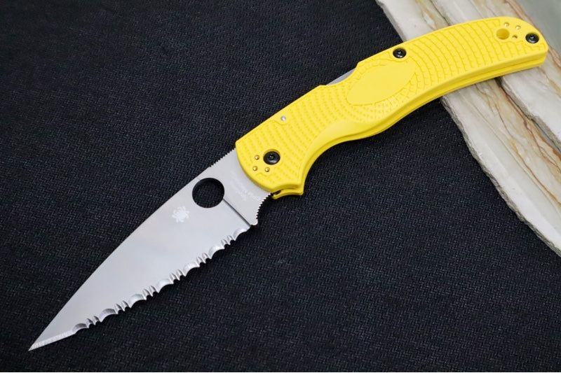 Spyderco Native Chief Salt - Drop Point Blade with Full Serrations / Satin Finish / Yellow FRN Handle Scales / CPM-Magnacut Steel C244SYL - Northwest Knives