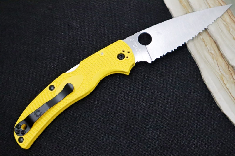 Spyderco Native Chief Salt - Drop Point Blade with Full Serrations / Satin Finish / Yellow FRN Handle Scales / CPM-Magnacut Steel C244SYL - Northwest Knives