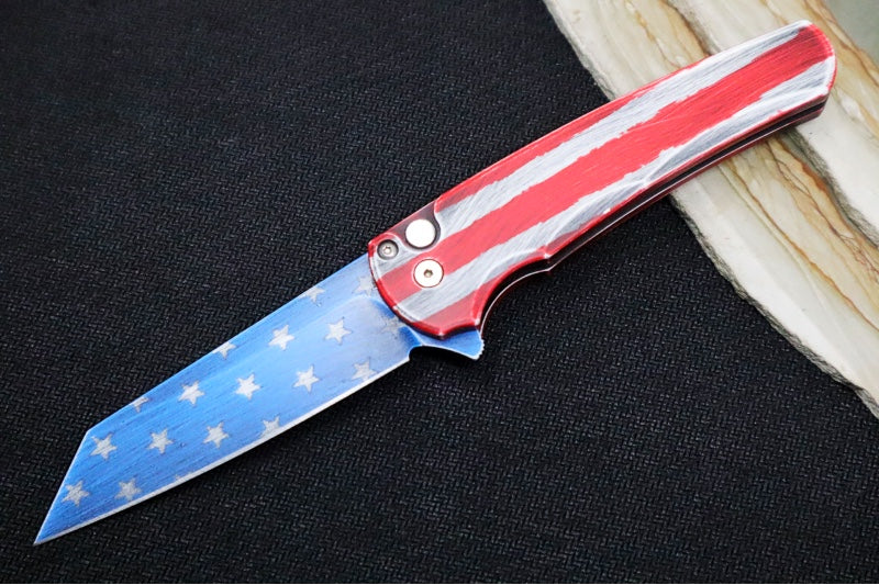 Pro Tech Malibu Flipper Patriot - "Patriot" Cerakoted Aluminum Handle / Mother of Pearl Button / Reverse Tanto Blade / CPM-Magnacut 5401-PATRIOT - Northwest Knives