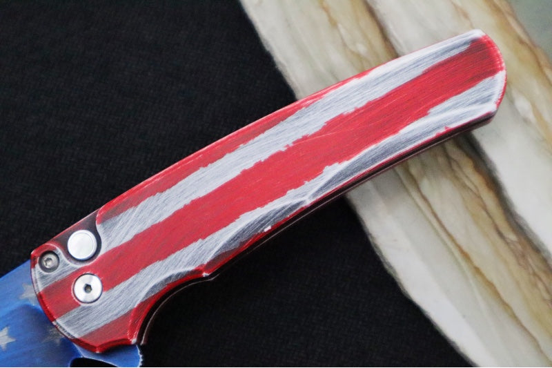 Pro Tech Malibu Flipper Patriot - "Patriot" Cerakoted Aluminum Handle / Mother of Pearl Button / Reverse Tanto Blade / CPM-Magnacut 5401-PATRIOT - Northwest Knives