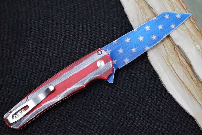 Pro Tech Malibu Flipper Patriot - "Patriot" Cerakoted Aluminum Handle / Mother of Pearl Button / Reverse Tanto Blade / CPM-Magnacut 5401-PATRIOT