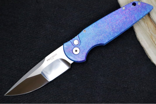 Pro Tech Tactical Response 3 Auto 2024 Custom 001 - "Jazz" Customized Anodized Handle / Mire Irie Compound Ground Blade with Mirror Polish / Pearl Button / Satin Hardware & Clip 24TR3JAZZ001