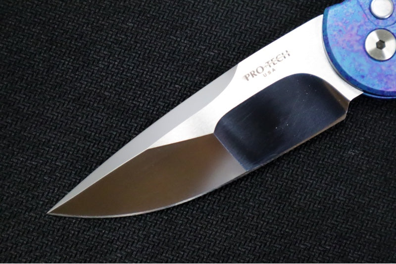 Pro Tech Tactical Response 3 Auto 2024 Custom 001 - "Jazz" Customized Anodized Handle / Mire Irie Compound Ground Blade with Mirror Polish / Pearl Button / Satin Hardware & Clip 24TR3JAZZ001