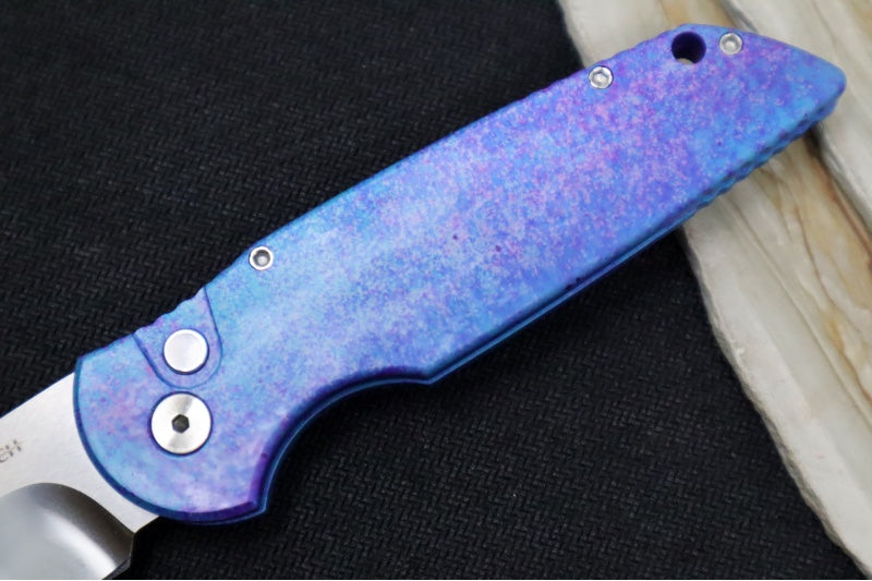 Pro Tech Tactical Response 3 Auto 2024 Custom 001 - "Jazz" Customized Anodized Handle / Mire Irie Compound Ground Blade with Mirror Polish / Pearl Button / Satin Hardware & Clip 24TR3JAZZ001