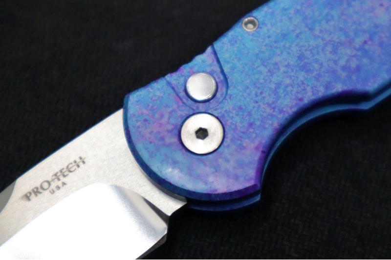 Pro Tech Tactical Response 3 Auto 2024 Custom 001 - "Jazz" Customized Anodized Handle / Mire Irie Compound Ground Blade with Mirror Polish / Pearl Button / Satin Hardware & Clip 24TR3JAZZ001