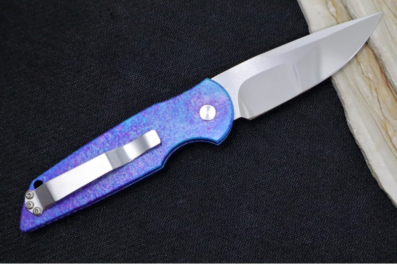 Pro Tech Tactical Response 3 Auto 2024 Custom 001 - "Jazz" Customized Anodized Handle / Mire Irie Compound Ground Blade with Mirror Polish / Pearl Button / Satin Hardware & Clip 24TR3JAZZ001