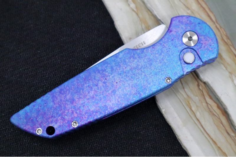 Pro Tech Tactical Response 3 Auto 2024 Custom 001 - "Jazz" Customized Anodized Handle / Mire Irie Compound Ground Blade with Mirror Polish / Pearl Button / Satin Hardware & Clip 24TR3JAZZ001