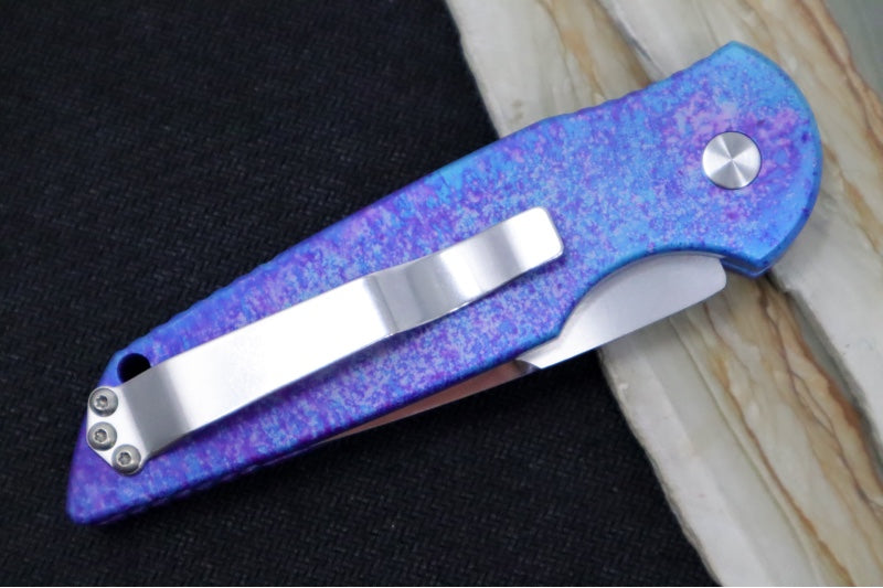 Pro Tech Tactical Response 3 Auto 2024 Custom 001 - "Jazz" Customized Anodized Handle / Mire Irie Compound Ground Blade with Mirror Polish / Pearl Button / Satin Hardware & Clip 24TR3JAZZ001