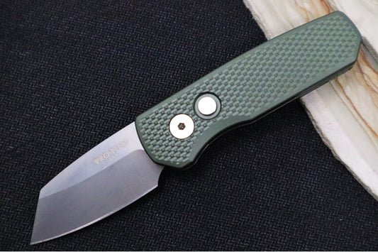 Pro Tech Runt Auto Bladeshow West 2024 Exclusive - Green Textured Anodized Aluminum Handle / Smoky Grey DLC Reverse Tanto Blade / CPM-Magnacut Steel / Pearl Push Button 2024.WEST.02