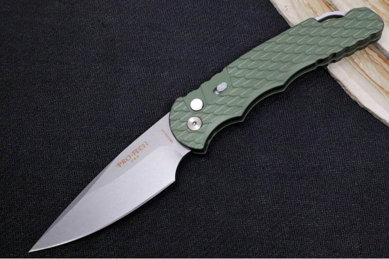 Pro Tech Tactical Response 4 Auto Bladeshow 2024 Exclusive  - Green Feather Textured Handle / CPM-Magnacut Steel / Stonewash Finish / Mother of Pearl Button / Glass Breaker 2024.WEST.04