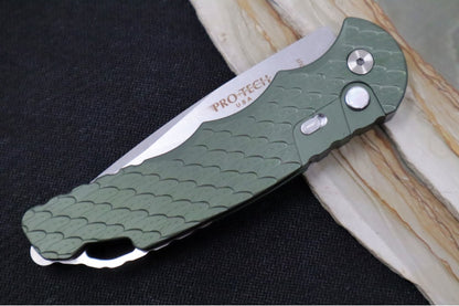 Pro Tech Tactical Response 4 Auto Bladeshow 2024 Exclusive  - Green Feather Textured Handle / CPM-Magnacut Steel / Stonewash Finish / Mother of Pearl Button / Glass Breaker 2024.WEST.04