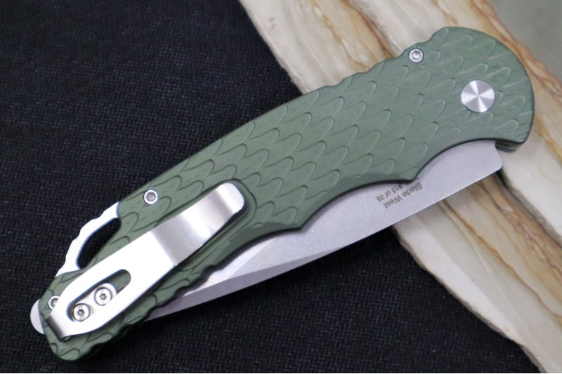 Pro Tech Tactical Response 4 Auto Bladeshow 2024 Exclusive  - Green Feather Textured Handle / CPM-Magnacut Steel / Stonewash Finish / Mother of Pearl Button / Glass Breaker 2024.WEST.04