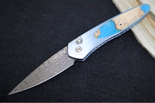 Pro Tech Newport Auto Unique Custom "Maker's Choice" - Blue Anodized Titanium Handle & Custom Inlay / Abalone Push Button / Basketwave Damascus Blade / Bronze Titanium Clip (A1)