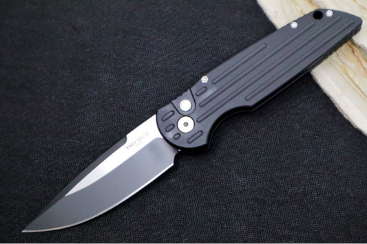 Pro Tech Tactical Response 3 Bladeshow West 2024 Edition - Black Aluminum Handle with Grooves / 2-toned Black DLC & Satin Finished Blade / CPM-Magnacut Steel / Abalone Push Button 2024.WEST.03