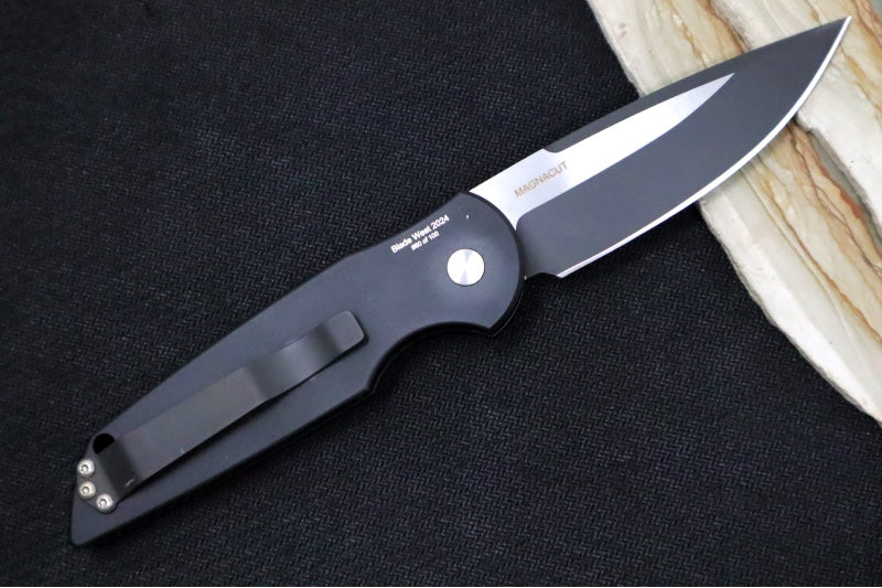 Pro Tech Tactical Response 3 Bladeshow West 2024 Edition - Black Aluminum Handle with Grooves / 2-toned Black DLC & Satin Finished Blade / CPM-Magnacut Steel / Abalone Push Button 2024.WEST.03