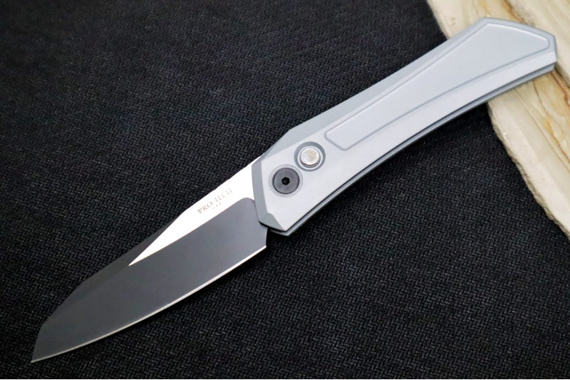 Pro Tech Oligarch Auto Bladeshow West Exclusive - Solid Grey Anodized Aluminum Handle / Spear Point Blade / 2-Toned Black DLC & Satin Finish / CPM-Magnacut Steel / Black Lip Pearl Button 2024.WEST.05