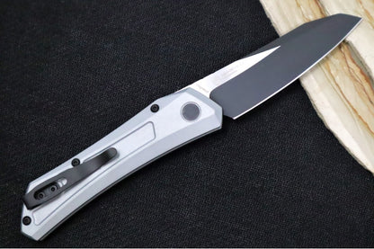 Pro Tech Oligarch Auto Bladeshow West Exclusive - Solid Grey Anodized Aluminum Handle / Spear Point Blade / 2-Toned Black DLC & Satin Finish / CPM-Magnacut Steel / Black Lip Pearl Button 2024.WEST.05