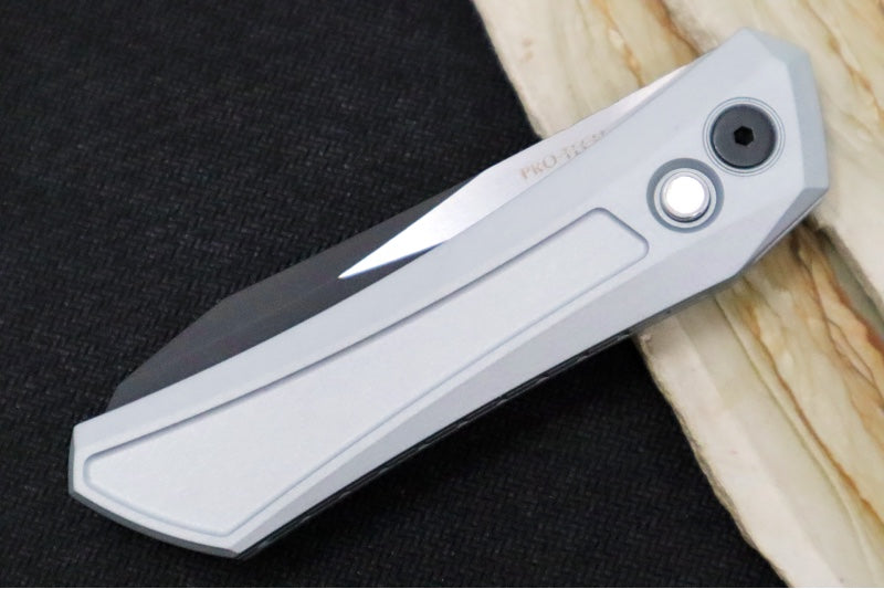 Pro Tech Oligarch Auto Bladeshow West Exclusive - Solid Grey Anodized Aluminum Handle / Spear Point Blade / 2-Toned Black DLC & Satin Finish / CPM-Magnacut Steel / Black Lip Pearl Button 2024.WEST.05