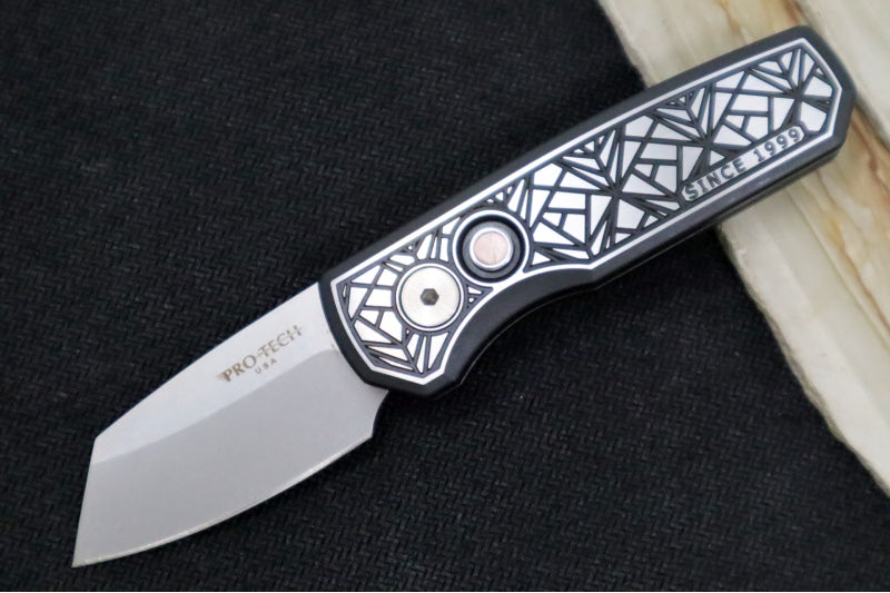 Pro Tech Runt Auto Custom 004 - "Since 1999" 17-4 Steel Nexus Patterned Handle with Black DLC and Satin Finish/ Stonewashed Reverse Tanto Blade / CPM-Magnacut Steel / Black Lip Pearl Push Button 24RUNT04 - Northwest Knives