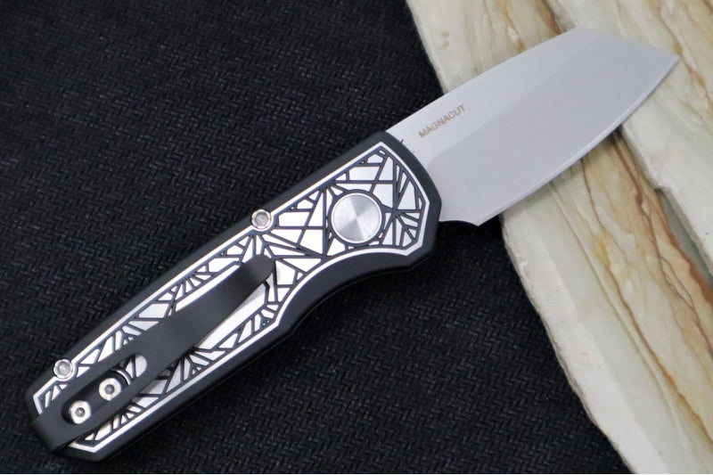 Pro Tech Runt Auto Custom 004 - "Since 1999" 17-4 Steel Nexus Patterned Handle with Black DLC and Satin Finish/ Stonewashed Reverse Tanto Blade / CPM-Magnacut Steel / Black Lip Pearl Push Button 24RUNT04