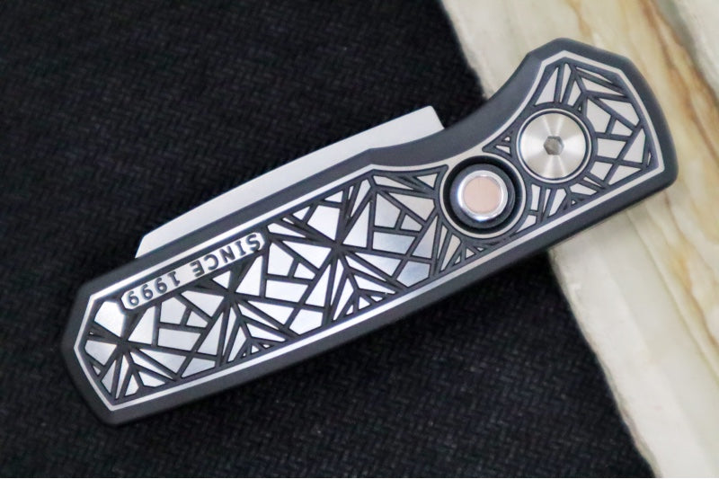 Pro Tech Runt Auto Custom 004 - "Since 1999" 17-4 Steel Nexus Patterned Handle with Black DLC and Satin Finish/ Stonewashed Reverse Tanto Blade / CPM-Magnacut Steel / Black Lip Pearl Push Button 24RUNT04