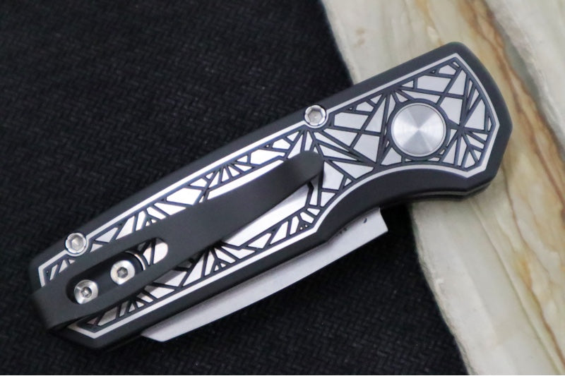 Pro Tech Runt Auto Custom 004 - "Since 1999" 17-4 Steel Nexus Patterned Handle with Black DLC and Satin Finish/ Stonewashed Reverse Tanto Blade / CPM-Magnacut Steel / Black Lip Pearl Push Button 24RUNT04