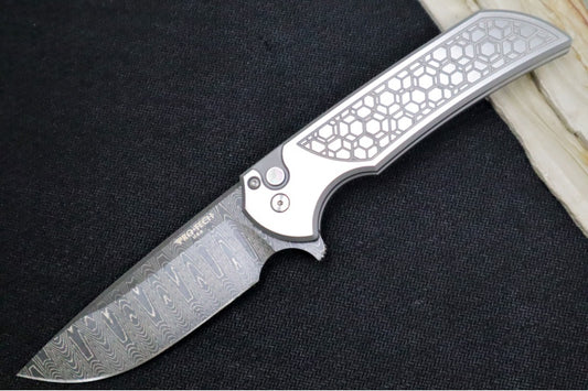 Pro Tech Mordax 2024 Custom 003 - Drop Point Blade / Vegas Forged "Sharktooth" Damascus Steel /17-4 Stainless Steel Handle with a 2-Toned Gridlock / Pearl Push Button / Blue Titanium Deep Carry Clip 24MORDAX003