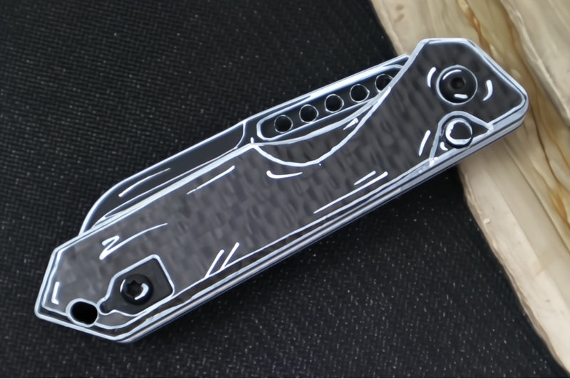 Heretic Knives Jinn Auto - Glow Carbon Fiber Handle / Black & White Cel Shading Blade / Sheepsfoot Blade / CPM-Magnacut Steel H113-CS-BW-CF