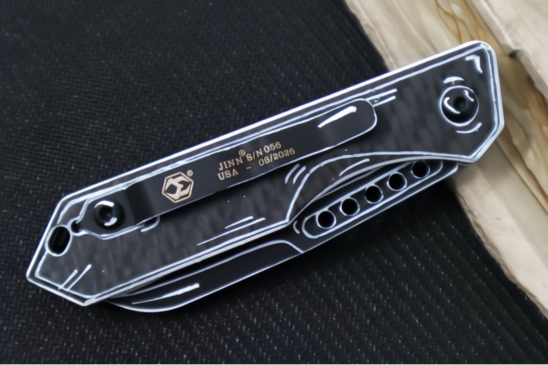Heretic Knives Jinn Auto - Glow Carbon Fiber Handle / Black & White Cel Shading Blade / Sheepsfoot Blade / CPM-Magnacut Steel H113-CS-BW-CF