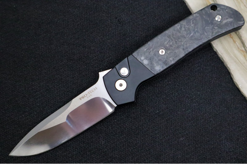 Pro Tech Terzuloa ATCF Custom 003 Auto - Black Aluminum & "Dark Matter" Fat Carbon Fiber Handle / 3D Titanium Clip / Mike Irie Mirror Polished Drop Point Blade 24ATCF03