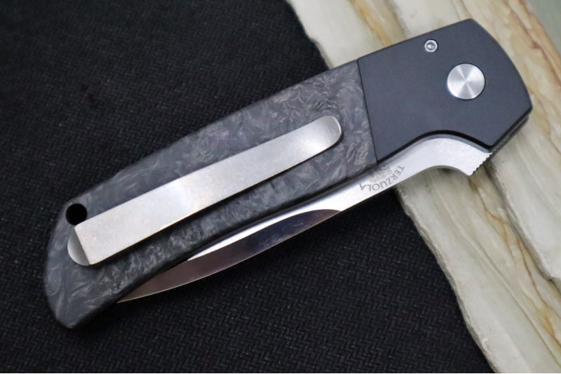 Pro Tech Terzuloa ATCF Custom 003 Auto - Black Aluminum & "Dark Matter" Fat Carbon Fiber Handle / 3D Titanium Clip / Mike Irie Mirror Polished Drop Point Blade 24ATCF03