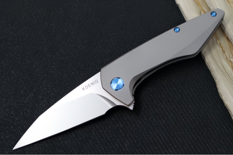 Koenig Mini Goblin - Pinstripe Patterned Handle - Burnished Blade with Polished Flats - Blue Anodized Spacer & Hardware MG11111221