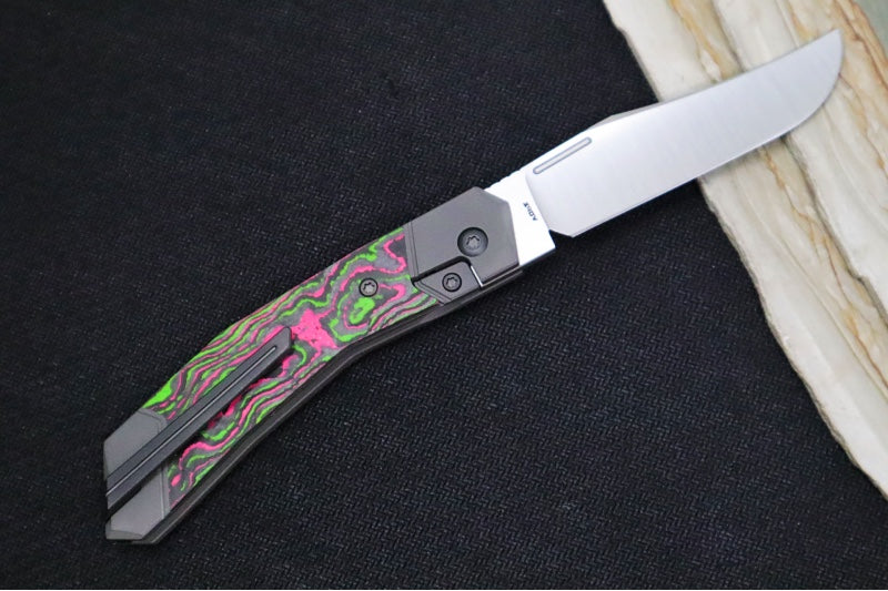 Jack Wolf Knives Bionic Jack Front Flipper - Camocarbon Watermelon Sugar Inlay / Bead Blasted Titanium Frame & Bolsters / CPM-S90V Steel