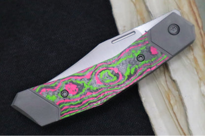 Jack Wolf Knives Bionic Jack Front Flipper - Camocarbon Watermelon Sugar Inlay / Bead Blasted Titanium Frame & Bolsters / CPM-S90V Steel