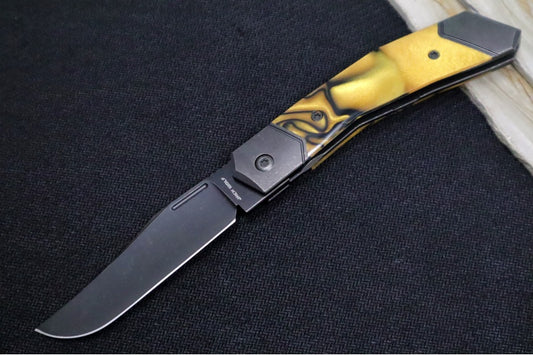 Jack Wolf Knives Bionic Jack Front Flipper - Kirinite Liquid Gold Inlay / Black DLC Coated Titanium Frame & Bolsters / CPM-S90V Steel