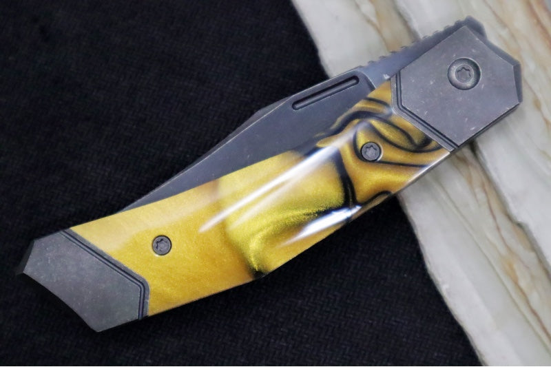 Jack Wolf Knives Bionic Jack Front Flipper - Kirinite Liquid Gold Inlay / Black DLC Coated Titanium Frame & Bolsters / CPM-S90V Steel