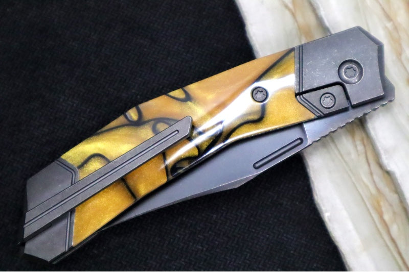 Jack Wolf Knives Bionic Jack Front Flipper - Kirinite Liquid Gold Inlay / Black DLC Coated Titanium Frame & Bolsters / CPM-S90V Steel