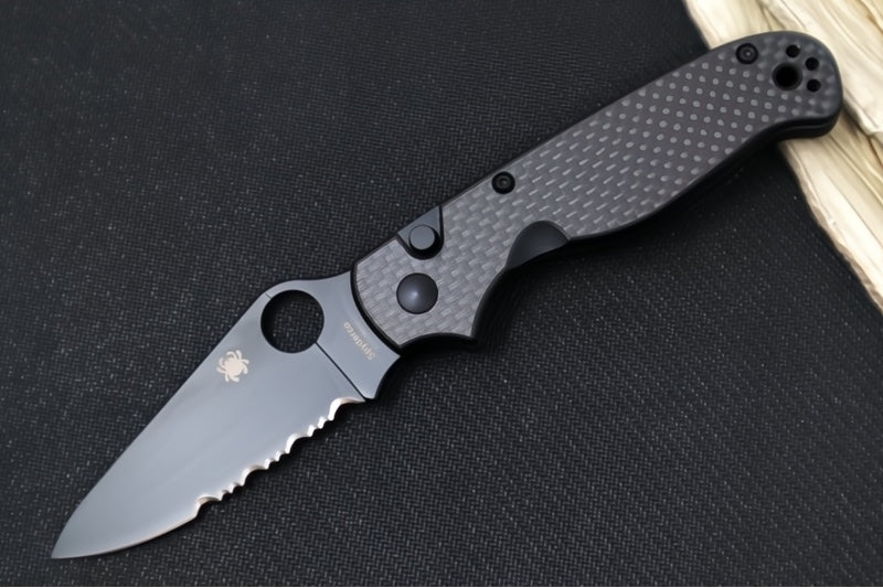 Spyderco ButtonUp Folder - Black Carbon Fiber Handle / 8Cr13MoV Stainless Steel / Partial Serrated Black Modified Clip Point C275CFSBK - Northwest Knives