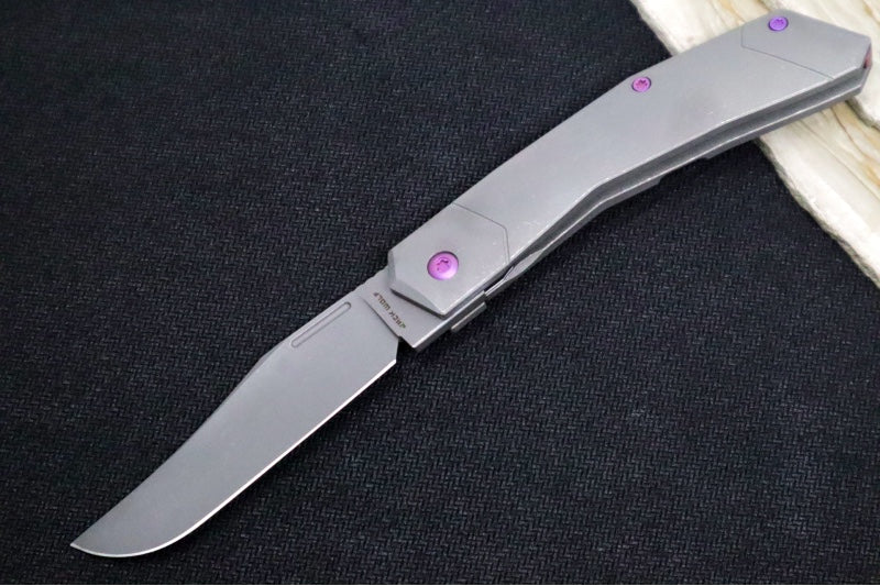 Jack Wolf Knives Bionic Jack Front Flipper - Stonewashed Titanium Handle / Purple Anodized Hardware & Clip / CPM-S90V Steel