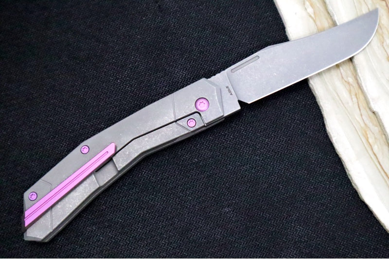 Jack Wolf Knives Bionic Jack Front Flipper - Stonewashed Titanium Handle / Purple Anodized Hardware & Clip / CPM-S90V Steel