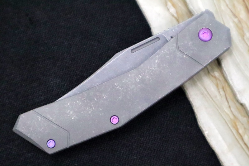 Jack Wolf Knives Bionic Jack Front Flipper - Stonewashed Titanium Handle / Purple Anodized Hardware & Clip / CPM-S90V Steel