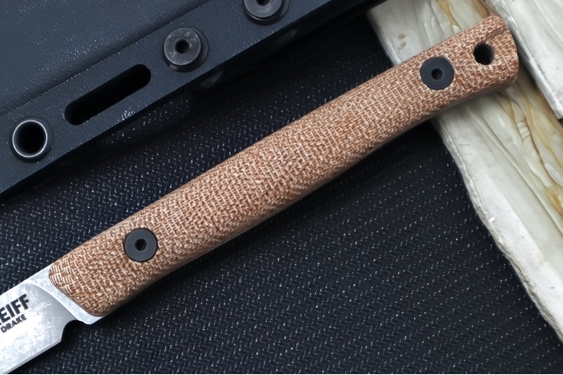 Reiff Knives Drake Bird & Trout Knife - Natural Canvas Micarta Handle / CPM-Magnacut Steel / Drop Point Blade / Black Kydex Sheath