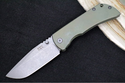 McNees Knives PM Mac2 3.5" Atomic Smooth Green and Bronze Folding Knife - CPM-Magnacut Steel / Drop Point / Smooth Green & Bronze Anodized Titanium Handle