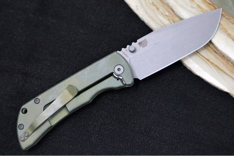 McNees Knives PM Mac2 3.5" Atomic Smooth Green and Bronze Folding Knife - CPM-Magnacut Steel / Drop Point / Smooth Green & Bronze Anodized Titanium Handle