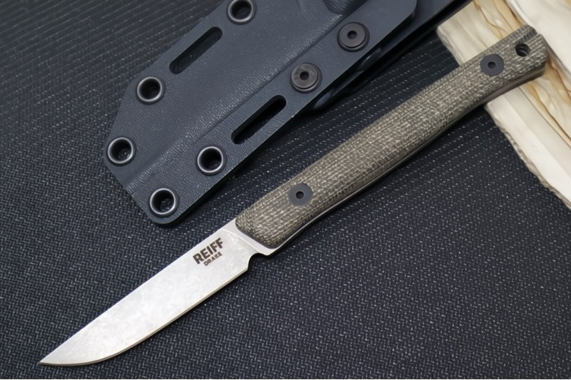 Reiff Knives Drake Bird & Trout Knife - Green Canvas Micarta Handle / CPM-Magnacut Steel / Drop Point Blade / Black Kydex Sheath