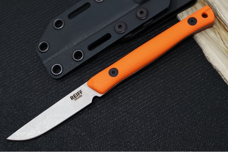 Reiff Knives Drake Bird & Trout Knife - Orange G-10 Handle / CPM-Magnacut Steel / Drop Point Blade / Black Kydex Sheath