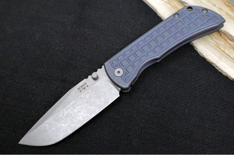 McNees Knives PM Mac2 3.5" Atomic Blue & Bronze Frag Folding Knife - CPM-Magnacut Steel / Drop Point / Frag Patterned Blue & Bronzed Anodized Titanium Handle