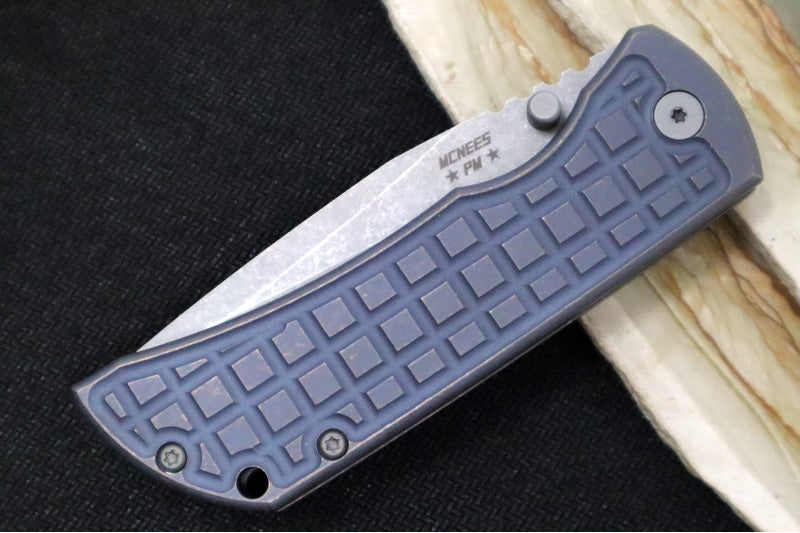 McNees Knives PM Mac2 3.5" Atomic Blue & Bronze Frag Folding Knife - CPM-Magnacut Steel / Drop Point / Frag Patterned Blue & Bronzed Anodized Titanium Handle - Northwest Knives