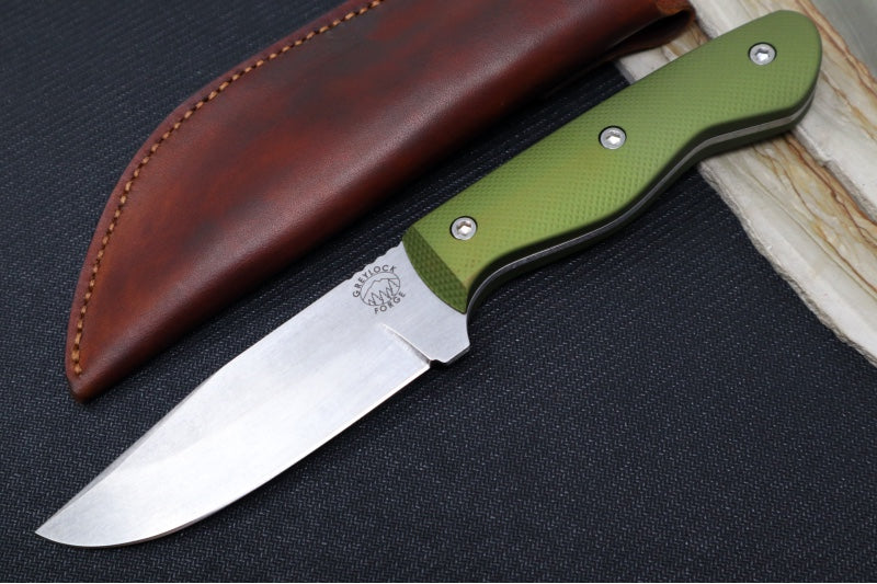 Garage Sale Greylock Forge Knives Fixed Blade - OD Green Anodized Aluminum Handle / Stonewashed Finish / 1095 Steel / Hand-Stiched Brown Leather Sheath
