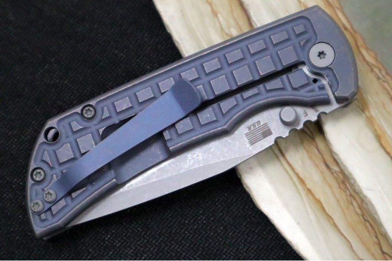 McNees Knives PM Mac2 3.5" Atomic Blue & Bronze Frag Folding Knife - CPM-Magnacut Steel / Drop Point / Frag Patterned Blue & Bronzed Anodized Titanium Handle - Northwest Knives